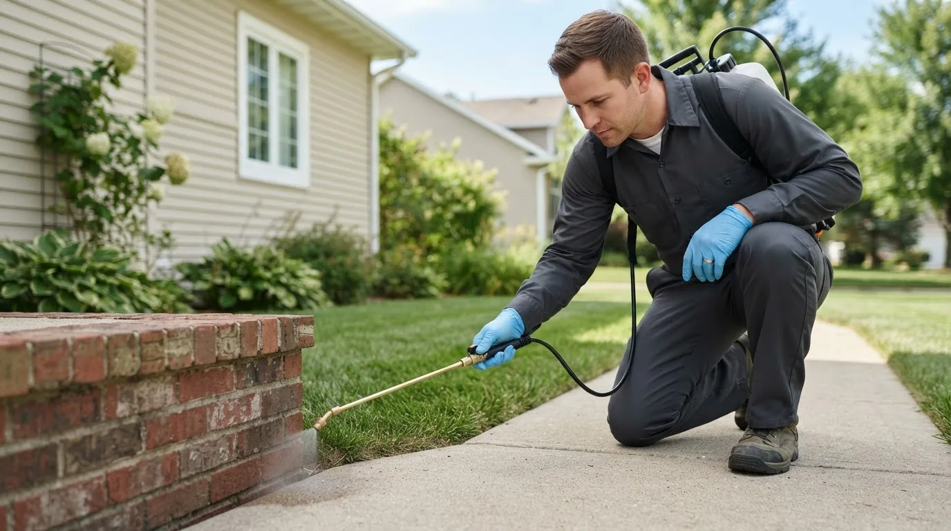 Pest control technician treating a home near Maryville, MO