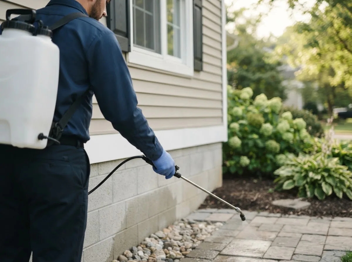 Pest control technician inspecting a home in Maryville, MO
